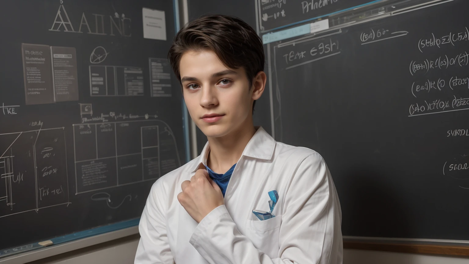 A beautiful young man, male, a cute twink, with black hair, wearing a long-sleeved white shirt and aquamarine blue pants, and he is in his scientific office, and behind him is a blackboard with the shape of the brain and its anatomy written on it, and next to him is the shape of the heart and its anatomy, and he looks proudly. He is a genius in medicine, and he has a face with make-up on it.  powder