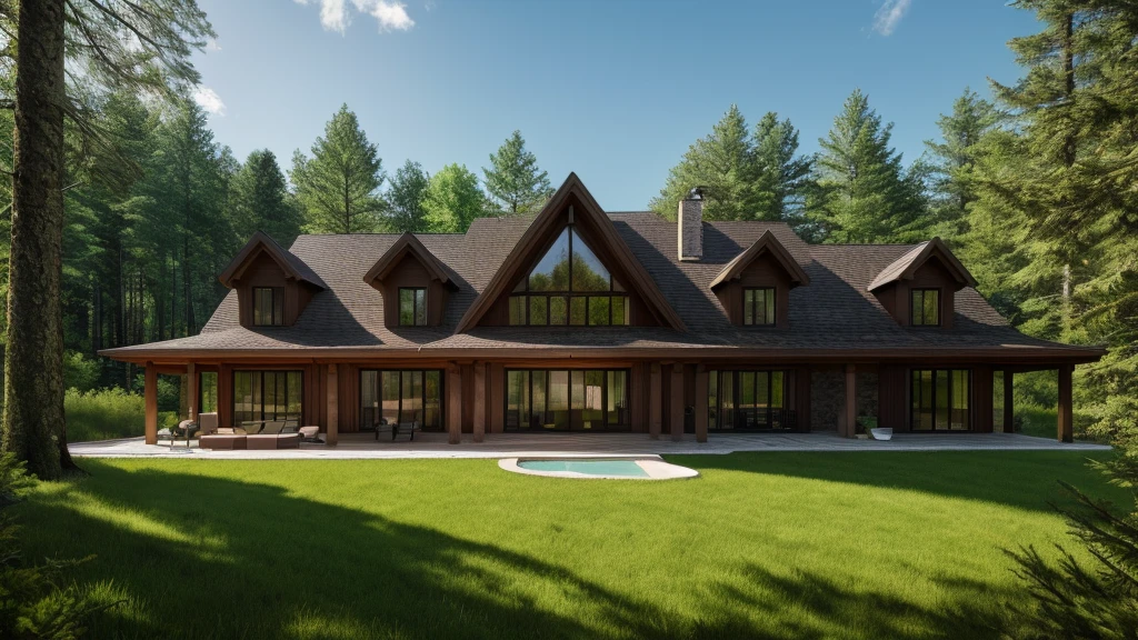 Luxury house in the middle of the woods, wide views of nature, very detailed, ultra realistic image, 8k
