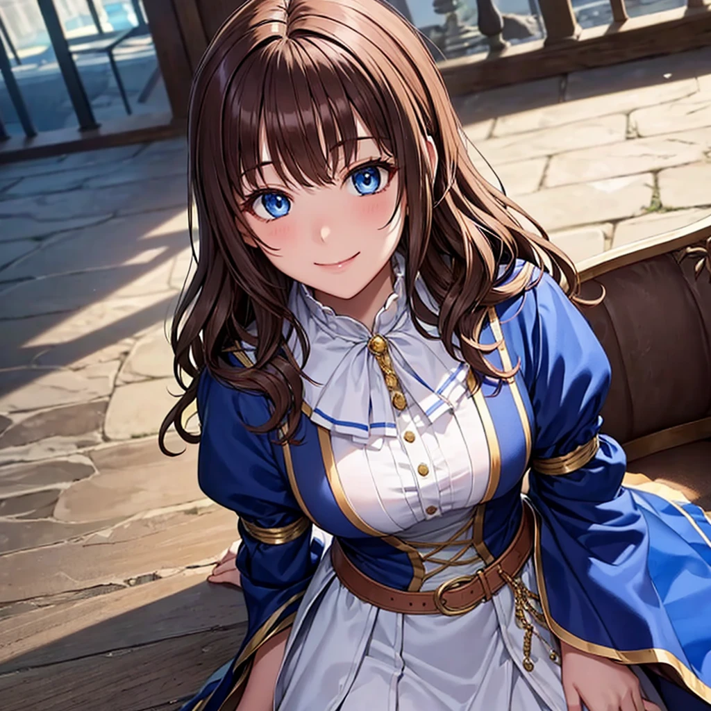 A girl with wavy chestnut hair。blue eyes。A glamorous figure of a 15-year-old、Wearing a medieval dress。Bright smile。