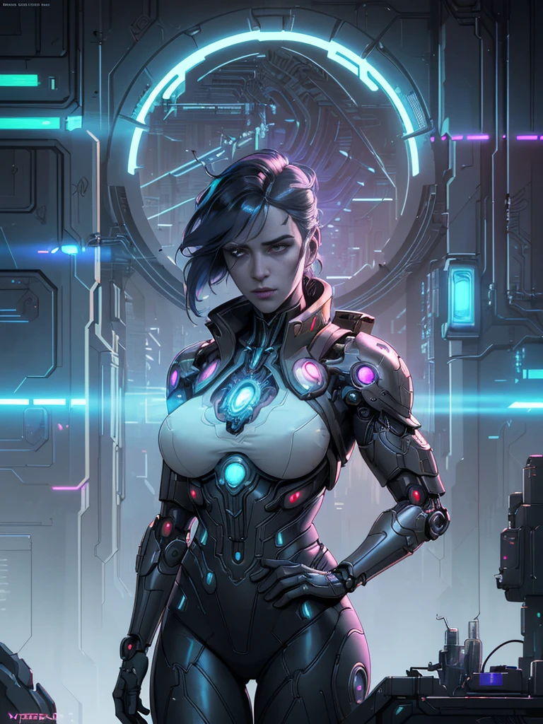 a mystical science fantasy 4k jugendstil characters composition, cyberpunk propaganda poster, detailed portrait of a female protagonist, high tech cybernetic implants, intricate mechanical details, industrial cityscape background, glowing neon lights, moody dramatic lighting, cinematic camera angle, muted color palette, digital art, concept art, hyperrealistic, photorealistic