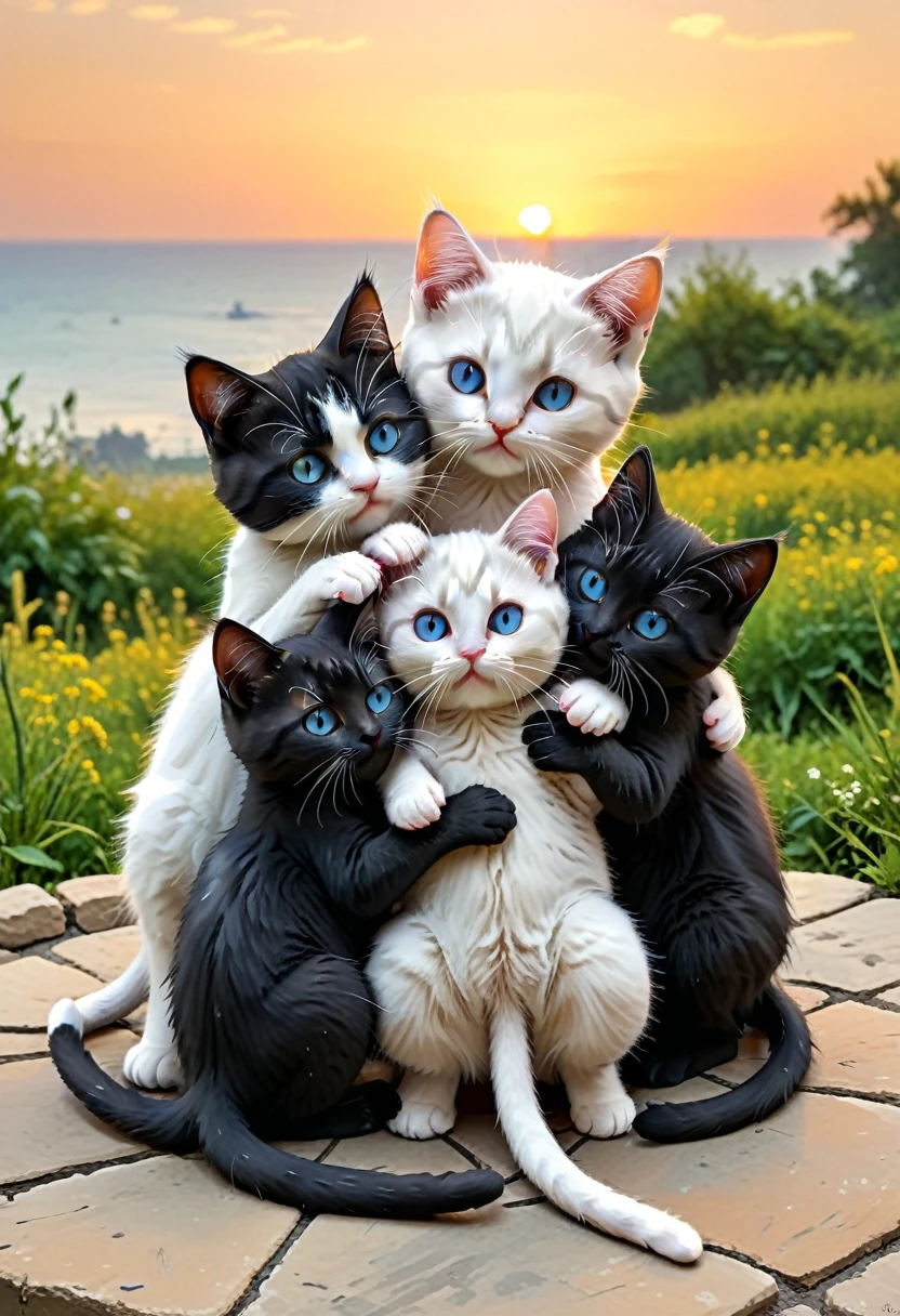 With the sunset in the background,(masterpiece:1.2, high quality), Several kittens huddled together、