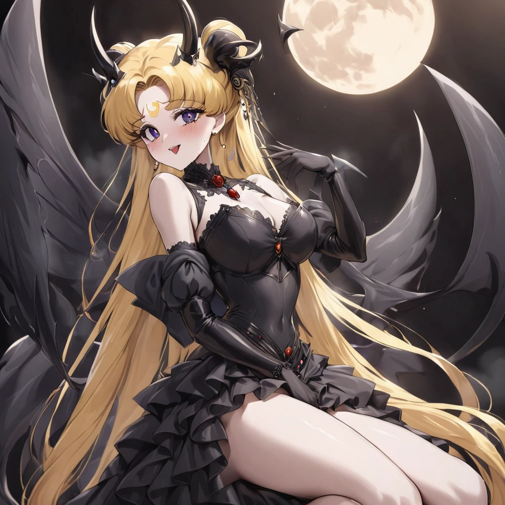 ((Highest quality)), ((masterpiece)), (detailed), （Perfect Face）、The woman is the dark queen, the demon queen, Princess Serenity, and the woman is the jet black, sexy demon princess, Serenity.、The woman is a jet-black female demon with magnificent devil horns, jet-black devil wings, and a jet-black tail. Her skin is jet-black, and she has a black inverted crescent moon mark on her forehead. She is a devil bride wearing a gorgeous black Gothic Victorian wedding dress and a black wedding veil. She is the jet-black demon Princess Serenity, and has blonde hair with a happy expression as she looks at the camera.２The expression of a girl in love with her long hair tied up、She is Princess Serenity、Punishment pose on behalf of the moon