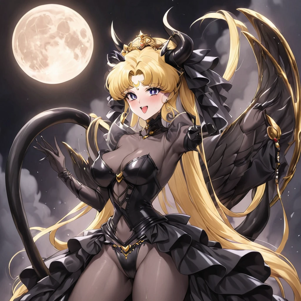 ((Highest quality)), ((masterpiece)), (detailed), （Perfect Face）、The woman is the demon queen Princess Serenity having sex with the demon king, and the woman is the jet black, sexy demon princess Serenity、The woman is a jet-black female demon with magnificent devil horns, jet-black devil wings, and a jet-black tail. Her skin is jet-black, she has a black moon mark on her forehead, she is a devil bride wearing a black gorgeous Gothic Victorian wedding dress and a black wedding veil, she is the jet-black demon Princess Serenity, and she has blonde hair with a happy expression as she looks at the camera.２The expression of a girl in love with her long hair tied up、She is Princess Serenity、Punishment pose on behalf of the moon