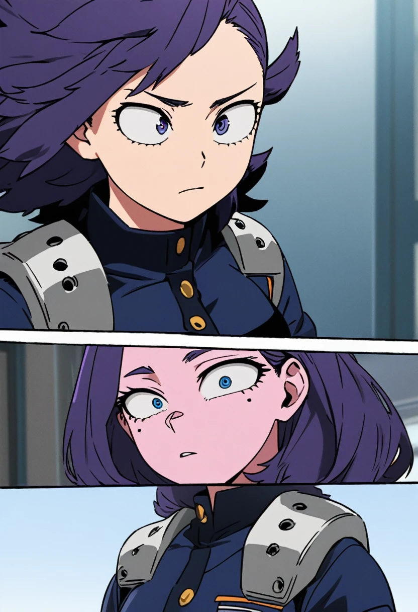 Screenshot of My Hero Academia, a girl with , wide, dark blue color with purple highlights., with sapphire blue eyes and long eyelashes and slanted eyes with purple freckles and wearing the boku no hero academia style and the UA uniform
