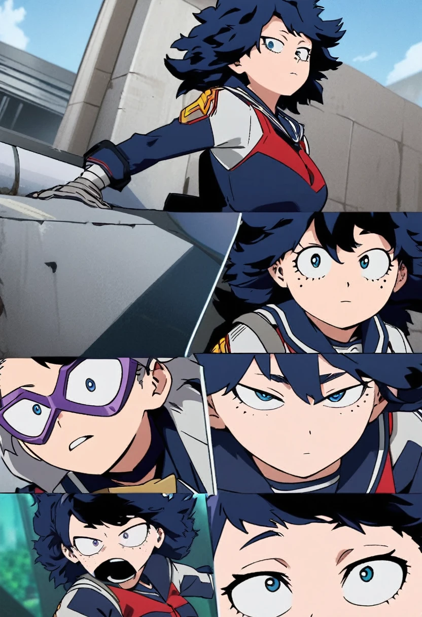 Screenshot of My Hero Academia, a girl with , wide, dark blue color with purple highlights., with sapphire blue eyes and long eyelashes and slanted eyes with purple freckles and wearing the boku no hero academia style and the UA uniform