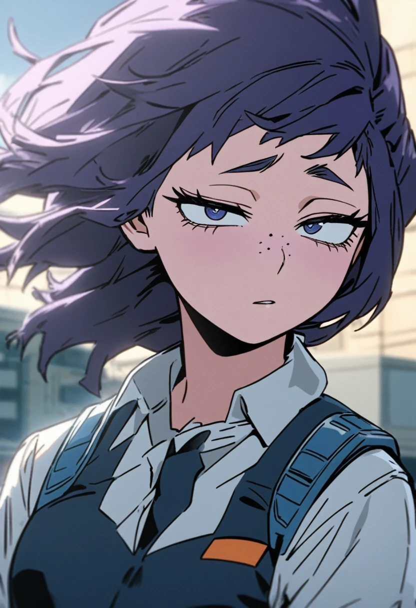 Screenshot of My Hero Academia, a girl with , wide, dark blue color with purple highlights., with sapphire blue eyes and long eyelashes and slanted eyes with purple freckles and wearing the boku no hero academia style and the UA uniform