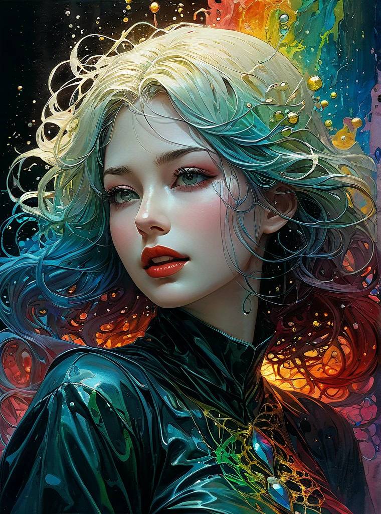 a Girl, laughing, Colorful colors, surrounded by water bubbles, in the style of Kawacy, Masterpiece, Oil painting drawn in anime style, head close - up, exaggerated perspective, Tyndall effect, water drops, mother - of - pearl iridescence, Holographic white, chess queen outfit, anime girl, girl with a pretty face, white gold hair, green eyes, goth girl, ((sexy school uniform)), wearing a stylish very sexy , with a funny expression on her face, Hellwalker, incombing death, black bloody veins growing and intertwining out of the darkness, oozing thick yellow blood, veins growing and pumping blood, (chubby female body:0.8), vascular networks growing, connecting, explanding, red veins everywhere, zdzislaw beksinski, (sharp colors:1.3), (rainbow skin:1.1), (Infrared:1.2), ultra detailed, intricate, ((dry brush, ultra sharp)), (surrealism:1.4), (disturbing:1.5), beksinski style painting, satanic symbols, (full torso), full body in frame, centered body, kawaii, realistic, ((intricate details)), (pale gothic evil queen), ibrant, action-packed, detailed character design, reminiscent of fighting video games, black bloody veins growing and intertwining out of the darkness, oozing thick neon rainbow blood, veins growing and pumping blood, vascular networks growing, connecting, explanding, red veins everywhere, zdzislaw beksinski, (vibrant colors:1.1), dynamic pose, perfect face, (realistic eyes), perfect eyes, ((dark gothic background)), sharp focus