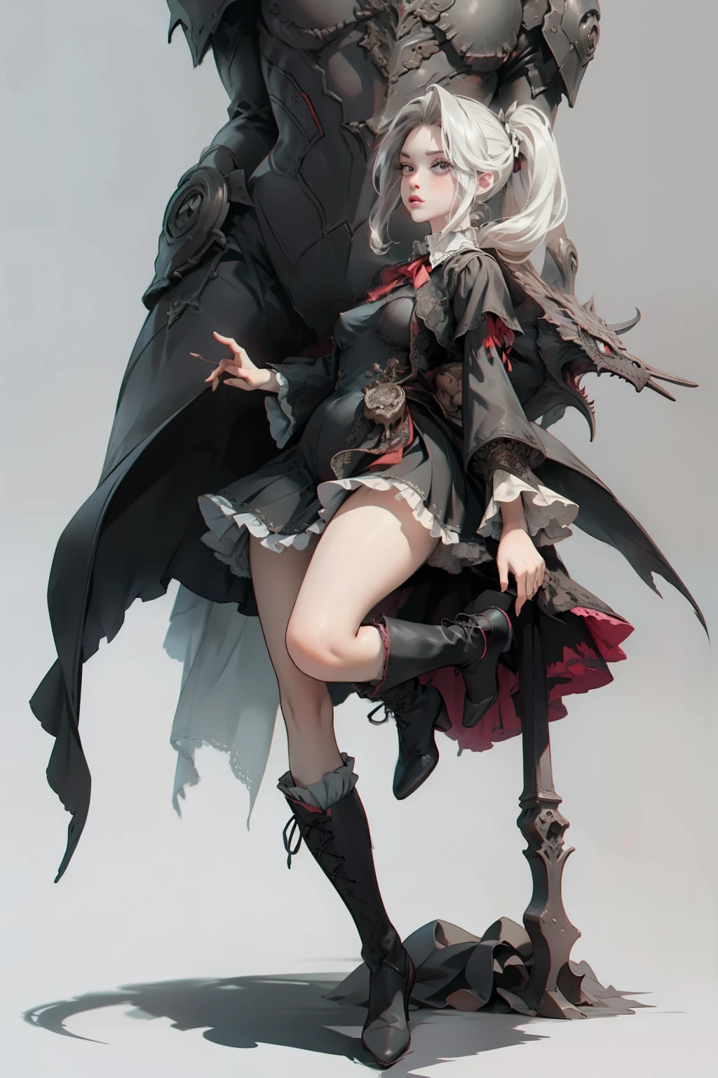 ((best quality)), ((masterpiece)), (detailed), blank white background, plain background, white background, red and white clothing, Bloodborne inspired, occult aesthetic, occult, detailed and intricate steampunk and detailed gothic, NSFW, Very dramatic and cinematic lighting, cosmic horror, grim-dark, side-lighting, perfect face, NSFW, Fluttering lace flared long knee length dress with frilly petticoats, knee length dress, pleated petticoats, ta dress, petticoats gothic lolicomplex lace boots, side-lighting, gothic lolita aetic, wielding a mighty sword with mechanical components, carbine, NSFW, beautiful small breasts, small breasts, full body, whole body, body, plain background, white background, blank background, no background, white background NSFW, full body, whole body, head-to-toe NSFW