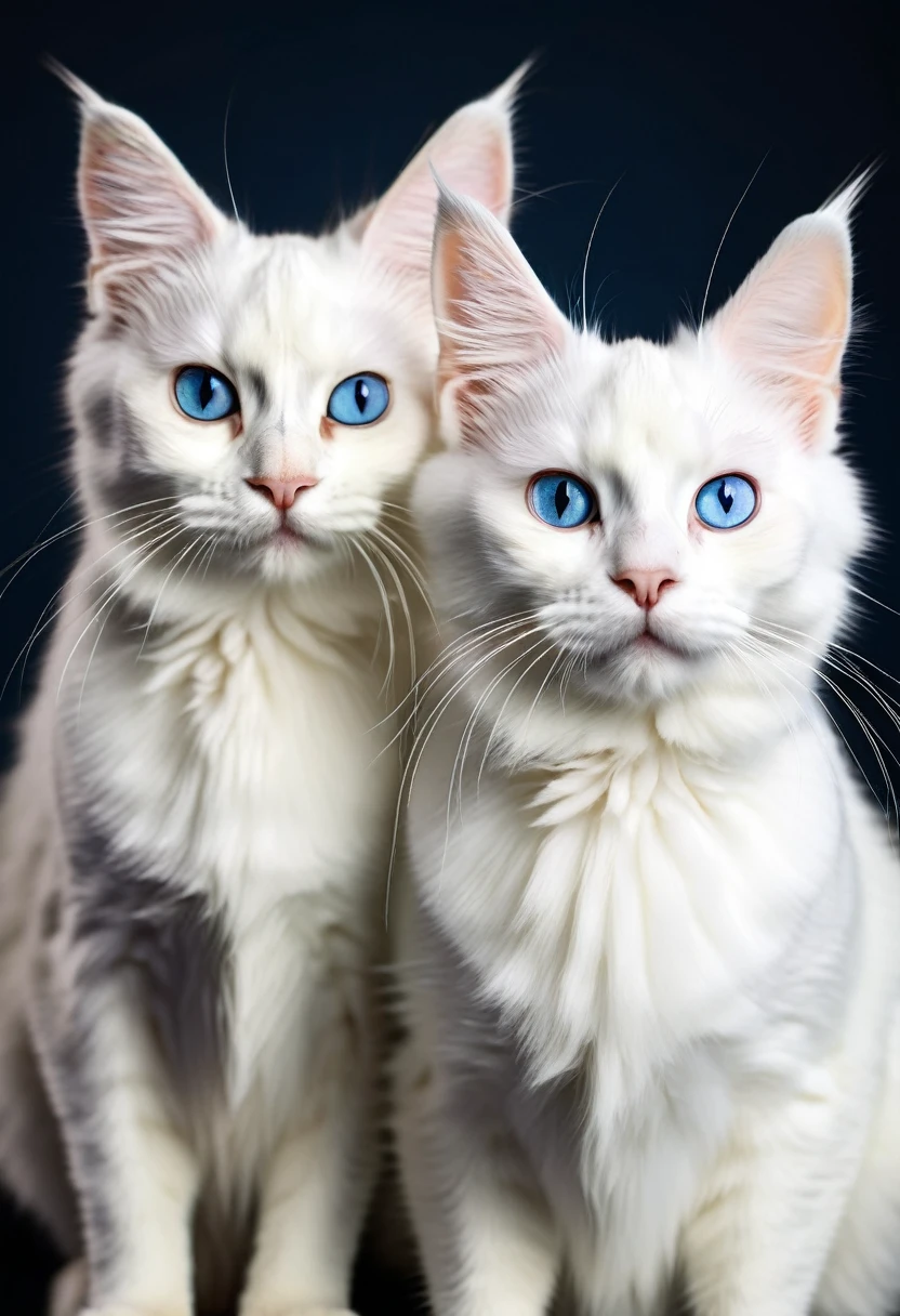 Two adorable cats, one big and one small, both with fluffy white coats and mesmerizing blue eyes. They sit together, their pointy ears alert and curious, against a plain background that allows their unique features to shine.