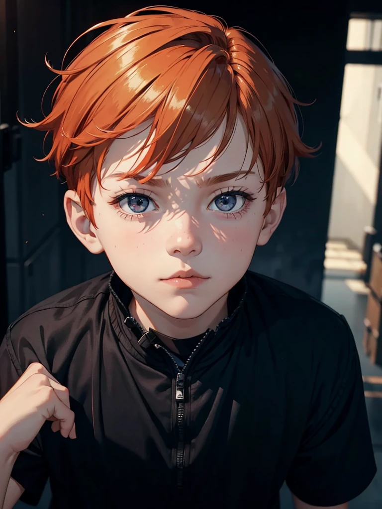 A boy, short ginger hair, wearing black clothes, black eyes, high res, ultrasharp, 8K, masterpiece, looking at viewer