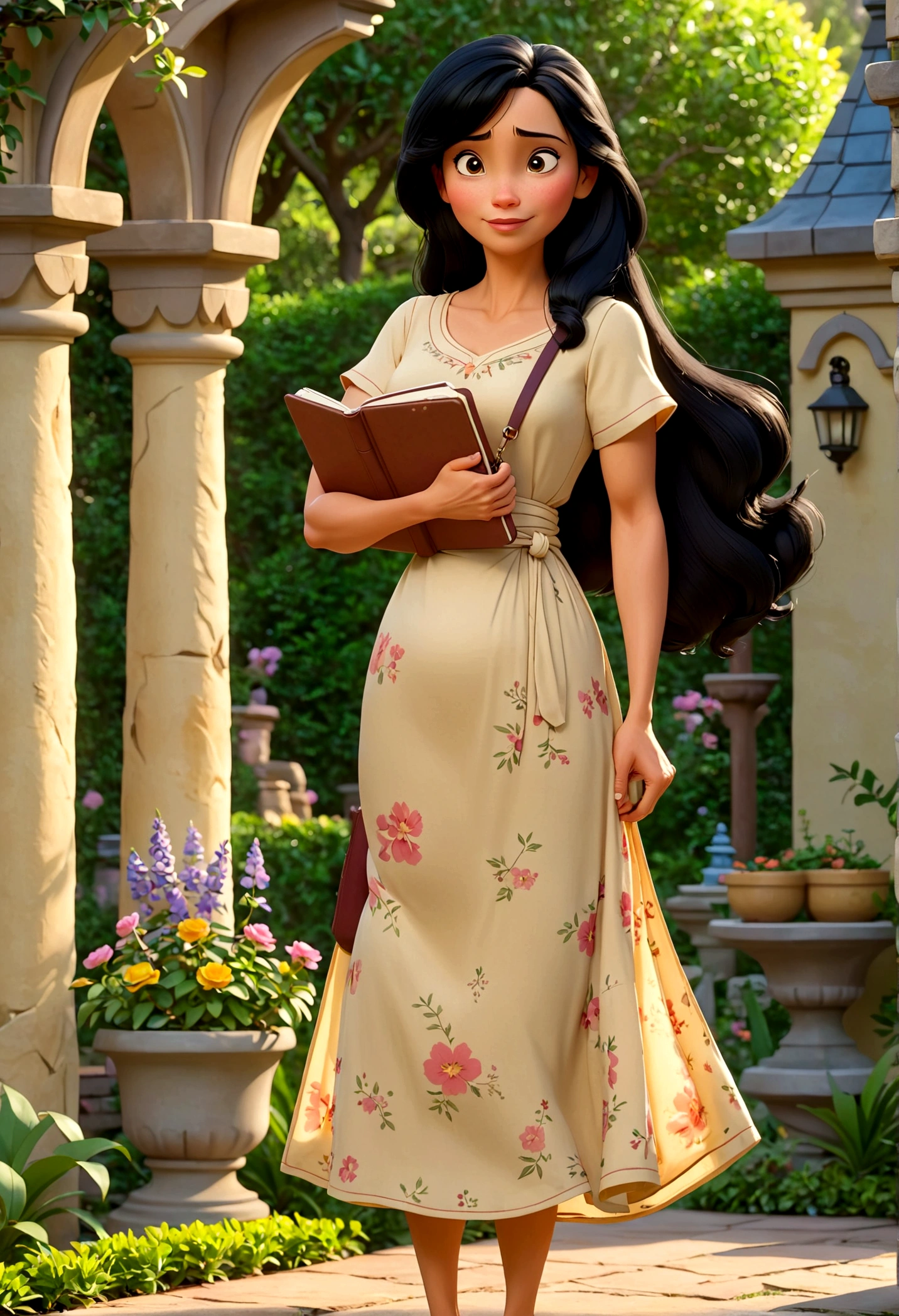 standing alone，1 woman 45 years old, strong，medium straight black hair, wears side bag and notebook in arms, Wear long dresses without prints，standing，don，resource, Disney  style, Various poses and expressions, 4 positions, all-body, garden background