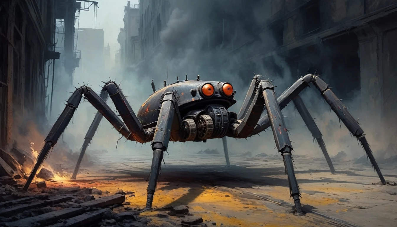 concept art, car_ walker Clockworkspider from the First World War. Oil painting trend, muted colors, slate tones, brush strokes, puffy marks, hydraulics, sharp areas next to smooth, dark next to light, soft next to hard, explosion of colorful paint, ridges of thick paint creating shadows and thick texture. . , smoky grainy areas next to smooth open areas, a sense of three-dimensionality, abstraction of detail in color and shape, ((oily texture with clumps of paint)). . magnificent, heavenly, evil, cinematic, epic, majestic, magical, fantasy photos, covers, gritty and realistic