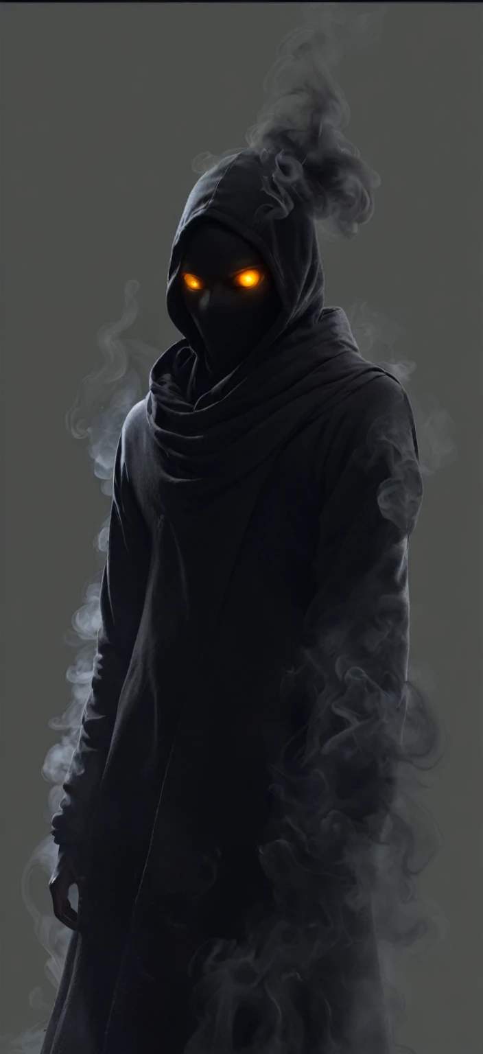 black character, made of smoke, black smoke, glowing eyes