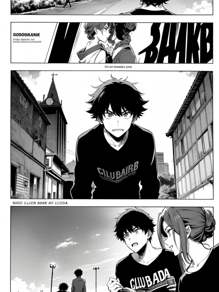 Create a 3/4 size movie poster ( style boichi mangá black and white ) with the title "clube yaluta" and the movie's release date 01 / 02 / 2025. a girl with a sweatshirt and curly hair tied up and a girl with light brown eyes and dark curly hair, and a boy with messy black hair.
