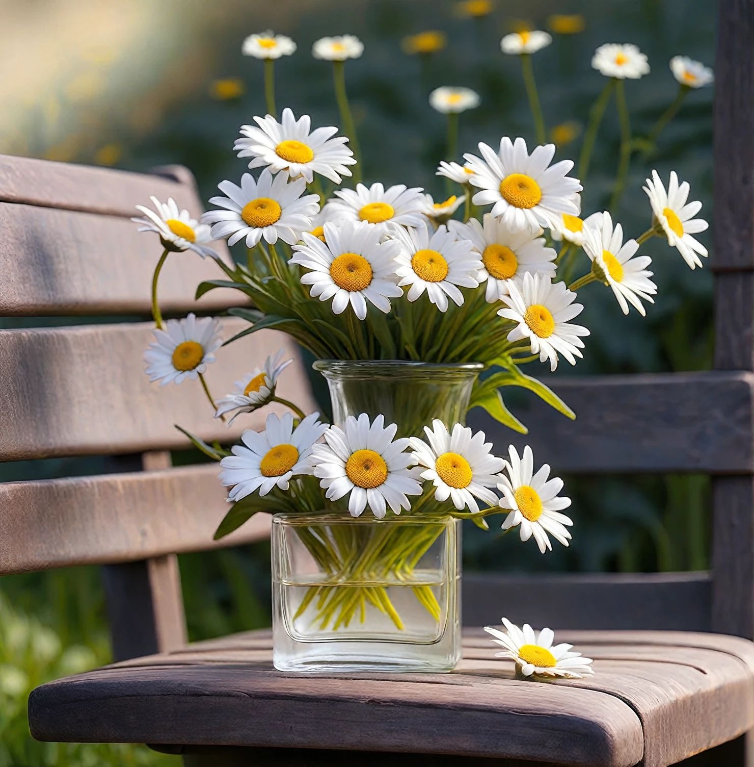 A vase of daisies on a bench in a square.