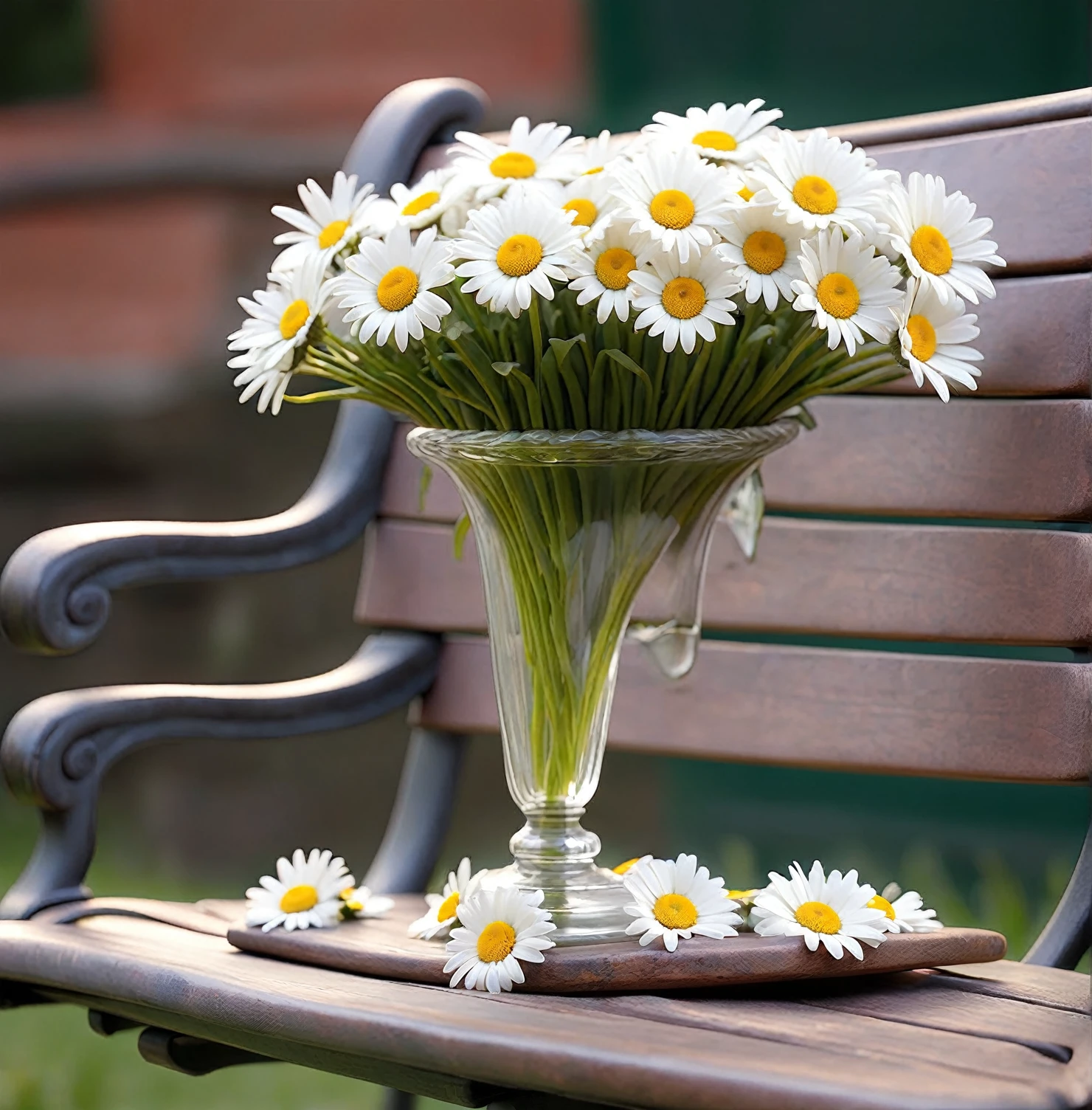 A vase of daisies on a bench in a square.