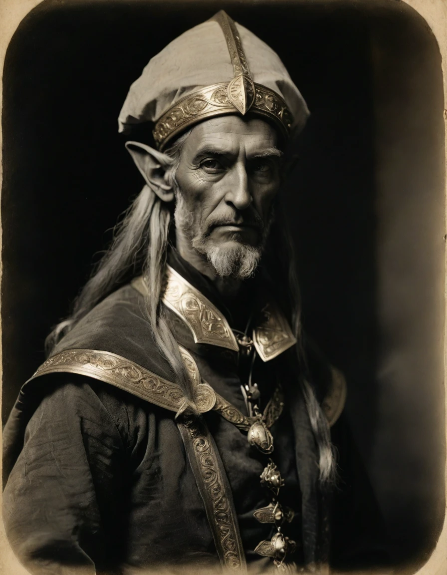 (((Masterpiece, daguerreotype on old paper, monochrome))), by Moebius, by Théodore Géricault, the composition is: ((40 year old male Babylonian high elf scientist, tan, elf ears, Mesopotamian beard, sullen, arrogant, magnificent, he is wearing futurist brass art déco costume)).