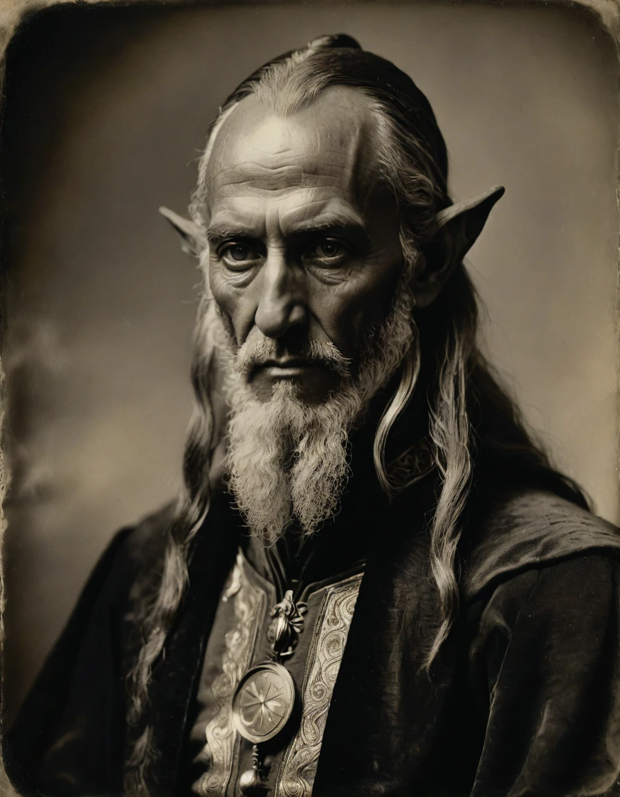 (((Masterpiece, daguerreotype on old paper, monochrome))), by Moebius, by Théodore Géricault, the composition is: ((40 year old male Babylonian high elf scientist, tan, elf ears, Mesopotamian beard, sullen, arrogant, magnificent, he is wearing futurist brass art déco costume)).