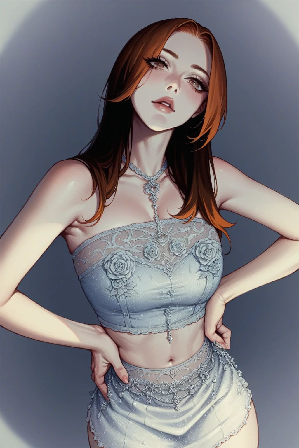 A Jennie wears a black top and black latex skirt and takes a photo in front of the mirror, He has very very long and intense orange hair, small waist, beautiful woman, Perfect woman, deep orange hair, Jennie has orange hair, Blackpink
