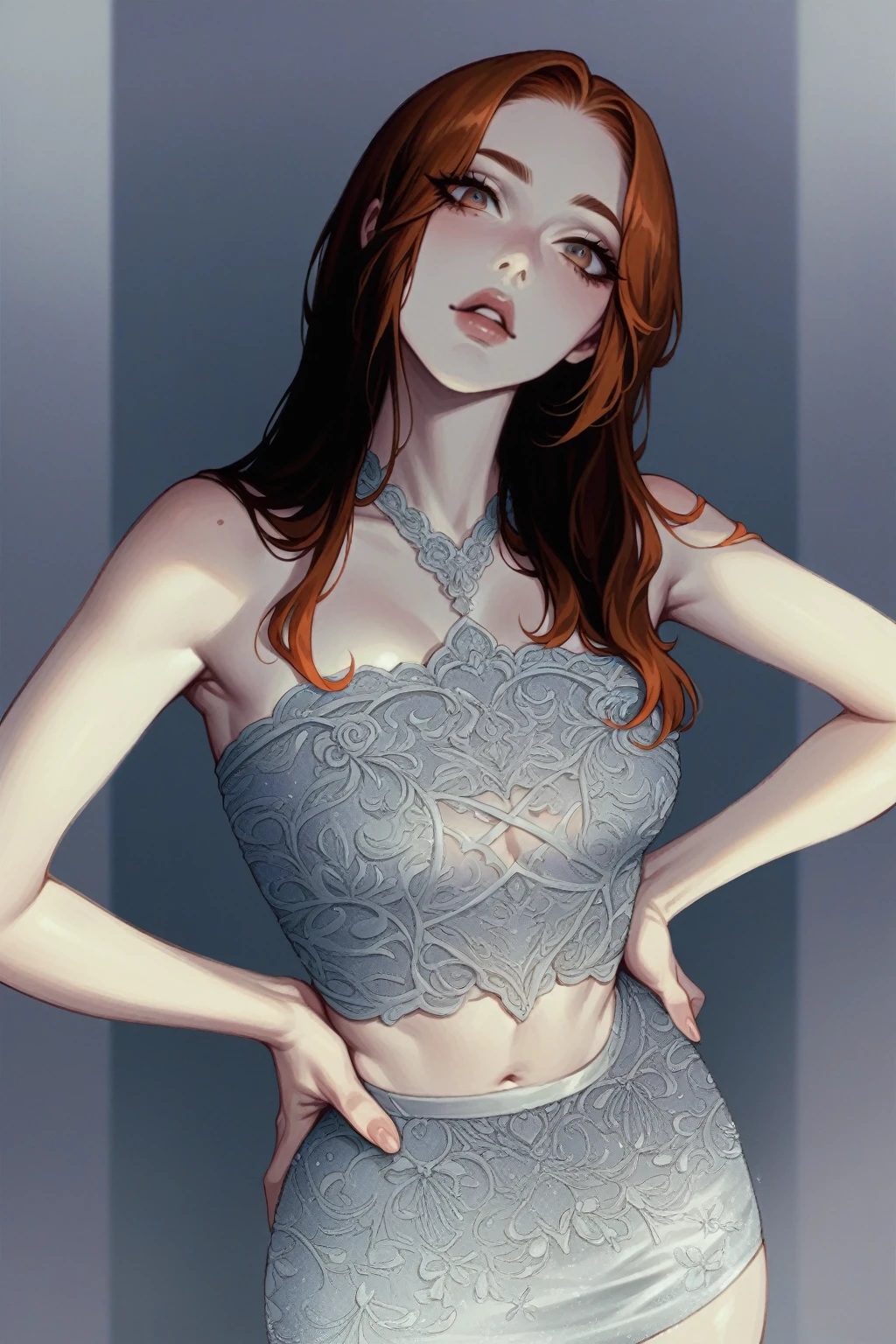 best qualityer, work of art, (realisitic: 1.2), 1 girl, slender girl, ginger hair, eyes browns, full view, face detailed, gorgeous eyes, eyes gray, eyes large, breasts small, choker, stripping off see through gown