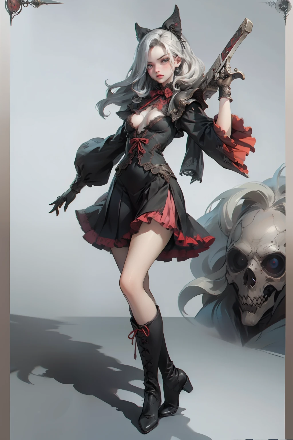 ((best quality)), ((masterpiece)), (detailed), blank white background, plain background, white background, red and white clothing, Bloodborne inspired, occult aesthetic, occult, detailed and intricate steampunk and detailed gothic, NSFW, Very dramatic and cinematic lighting, cosmic horror, grim-dark, side-lighting, perfect face, NSFW, Fluttering lace flared long knee length dress with frilly petticoats, knee length dress, pleated petticoats, ta dress, petticoats gothic lolicomplex lace boots, side-lighting, gothic lolita aetic, wielding a mighty sword with mechanical components, carbine, NSFW, beautiful small breasts, small breasts, full body, whole body, body, plain background, white background, blank background, no background, white background NSFW, full body, whole body, head-to-toe NSFW