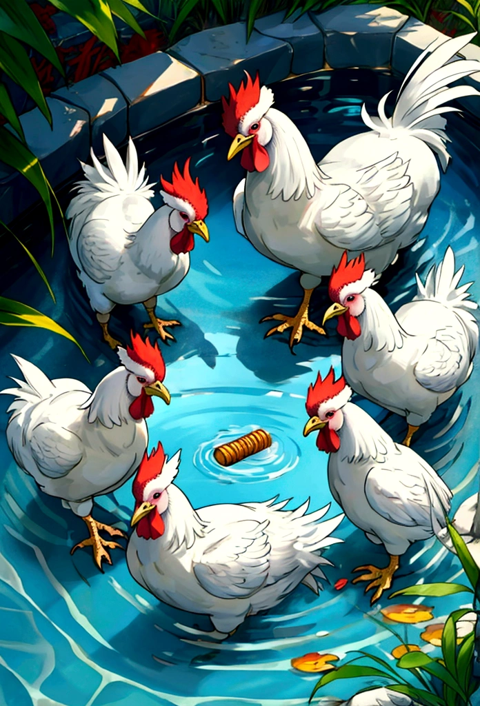 Rooster bathing in a pool of honey with his beloved hen