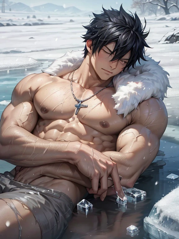 Gray Fullbuster lying on ice and snow , fall asleep, naked, shirtless, con el torso naked, muscular, torn, Detailed body and robust physique, Wake up, snowing and (snowflakes:1.2), white snow and blue ice, The man has black hair and a cold, icy body.., ((ice crystals)), (Masterpiece, HD, 8k, Ultra high quality), Upper part of the body, Alone, focus on man, (Upper part of the body)