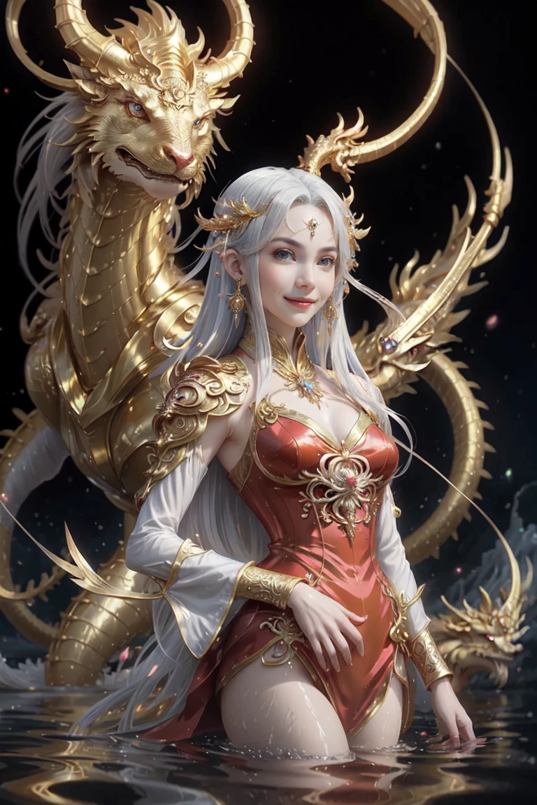  anime with long hair and red dress standing in the water with a big golden dragon, 4K anime art wallpaper, 8K anime art wallpaper, anime fantasy artwork, 4k fantasy artwork, 坏蛋动漫8 K, epic anime art, detailed art of onmyoji, anime fantasy illustration, inspired by Naomi, 4K anime-style, gold accents