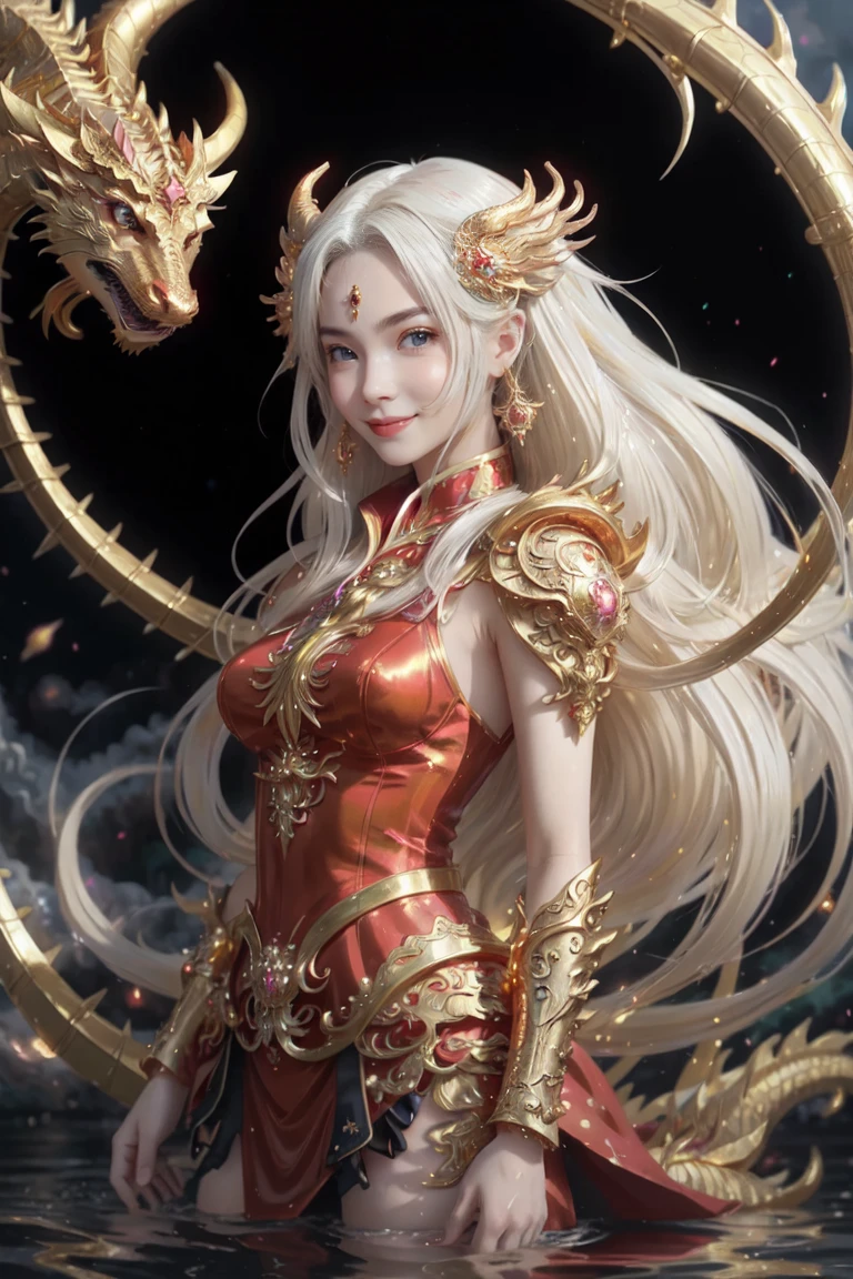 anime with long hair and red dress standing in the water with a big golden dragon, 4K anime art wallpaper, 8K anime art wallpaper, anime fantasy artwork, 4k fantasy artwork, 坏蛋动漫8 K, epic anime art, detailed art of onmyoji, anime fantasy illustration, inspired by Naomi, 4K anime-style, gold accents