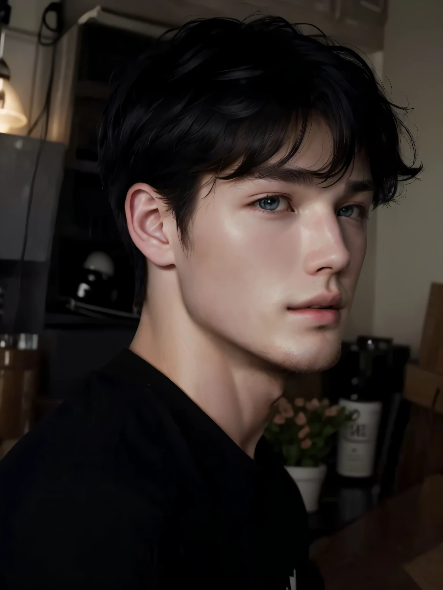 There is a man in a black shirt and a black shirt, Stephen Amell, by Chris Hemsworth, south korean man, pale adorable face, a handsome man, Stephen Amell, short black hair, 1 7-year-old boy with a thin face,, with short hair, young and adorable korean face, high quality, High resolution 8K, details