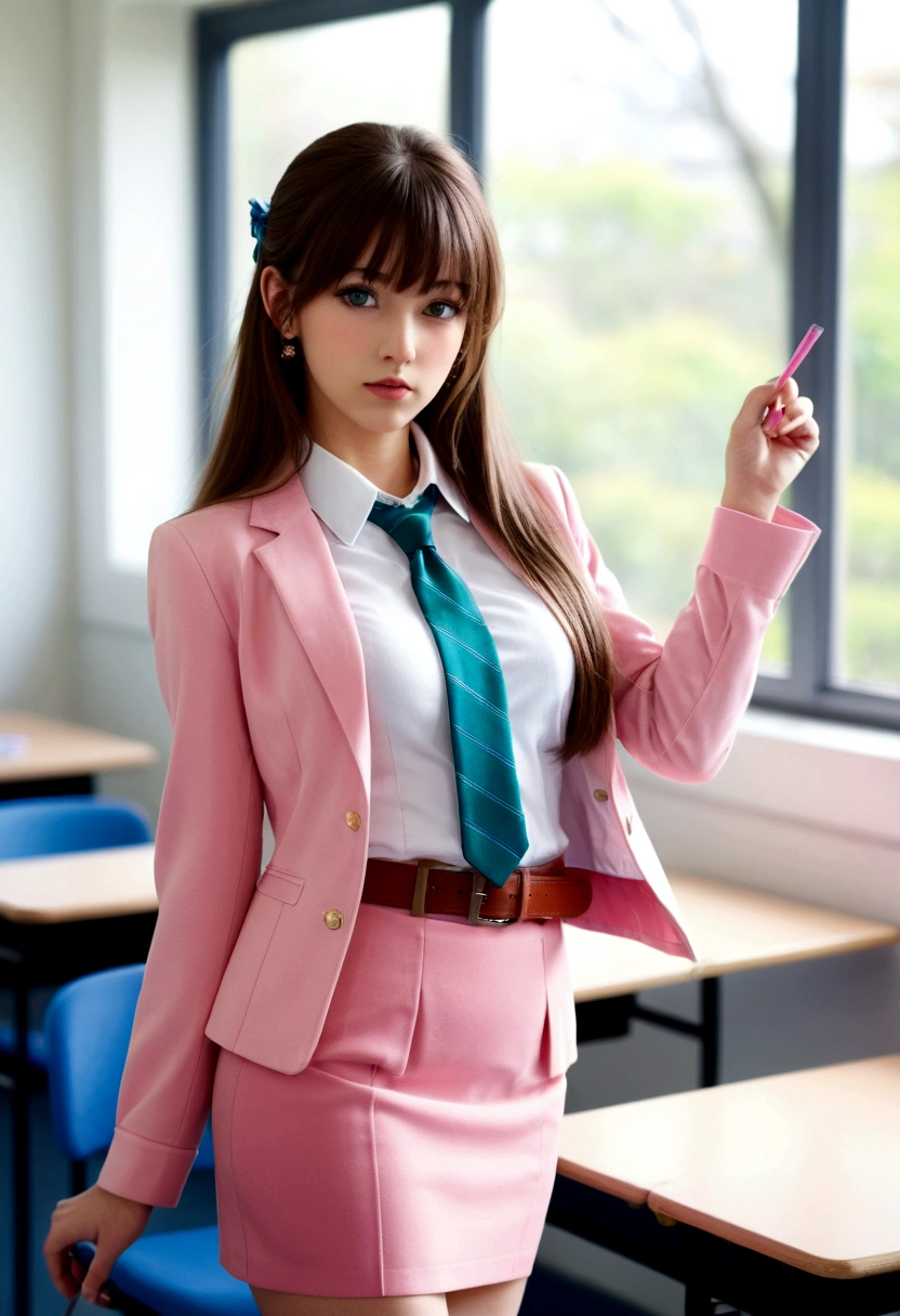 (Day),School,classroom, Windows, Dynamic pose, Upright immobile posture, Pink pencil skirt, Pink jacket,Collared shirt, White shirt, Blue tie,belt, jewelry,Earrings, bangs,Long Hair,Brown Hair,Green Eyes, ,1 Girl, 20-year-old,young woman,Beautiful long legs,Beautiful body, Beautiful Nose,Beautiful character design, Perfect eyes, Perfect face,Expressive eyes,Perfect balance, View your viewers,Mouth closed,