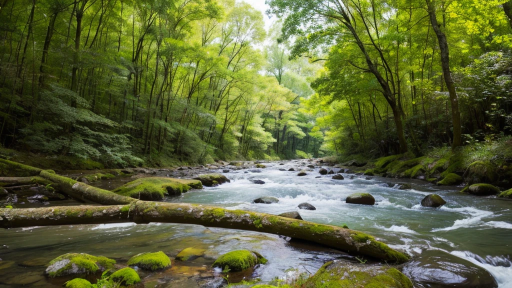 Natural garden environment floor in a forest with clear sky and a flowing river