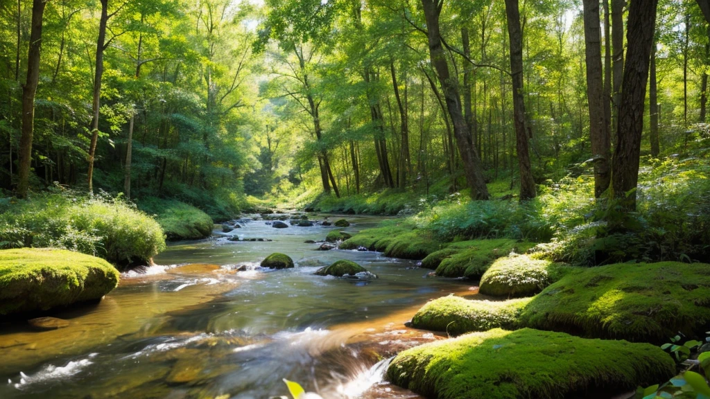 Natural garden environment floor in a forest with clear sky and a flowing river