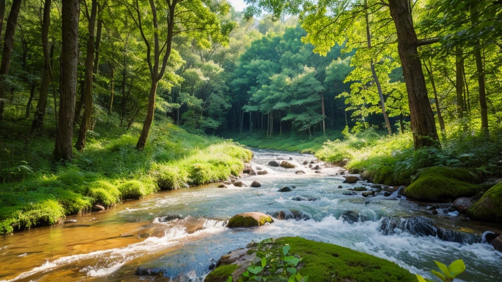 Natural garden environment floor in a forest with clear sky and a flowing river