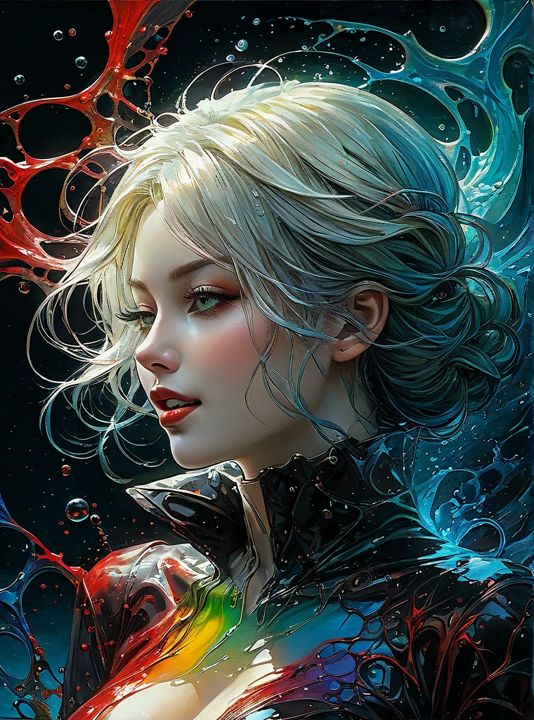 a Girl, laughing, Colorful colors, surrounded by water bubbles, in the style of Kawacy, Masterpiece, Oil painting drawn in anime style, head close - up, exaggerated perspective, Tyndall effect, water drops, mother - of - pearl iridescence, Holographic white, chess queen outfit, anime girl, girl with a pretty face, white gold hair, green eyes, goth girl, ((sexy school uniform)), wearing a stylish very sexy , with a funny expression on her face, Hellwalker, incombing death, black bloody veins growing and intertwining out of the darkness, oozing thick yellow blood, veins growing and pumping blood, (chubby female body:0.8), vascular networks growing, connecting, explanding, red veins everywhere, zdzislaw beksinski, (sharp colors:1.3), (rainbow skin:1.1), (Infrared:1.2), ultra detailed, intricate, ((dry brush, ultra sharp)), (surrealism:1.4), (disturbing:1.5), beksinski style painting, satanic symbols, (full torso), full body in frame, centered body, kawaii, realistic, ((intricate details)), (pale gothic evil queen), ibrant, action-packed, detailed character design, reminiscent of fighting video games, black bloody veins growing and intertwining out of the darkness, oozing thick neon rainbow blood, veins growing and pumping blood, vascular networks growing, connecting, explanding, red veins everywhere, zdzislaw beksinski, (vibrant colors:1.1), dynamic pose, perfect face, (realistic eyes), perfect eyes, ((dark gothic background)), sharp focus