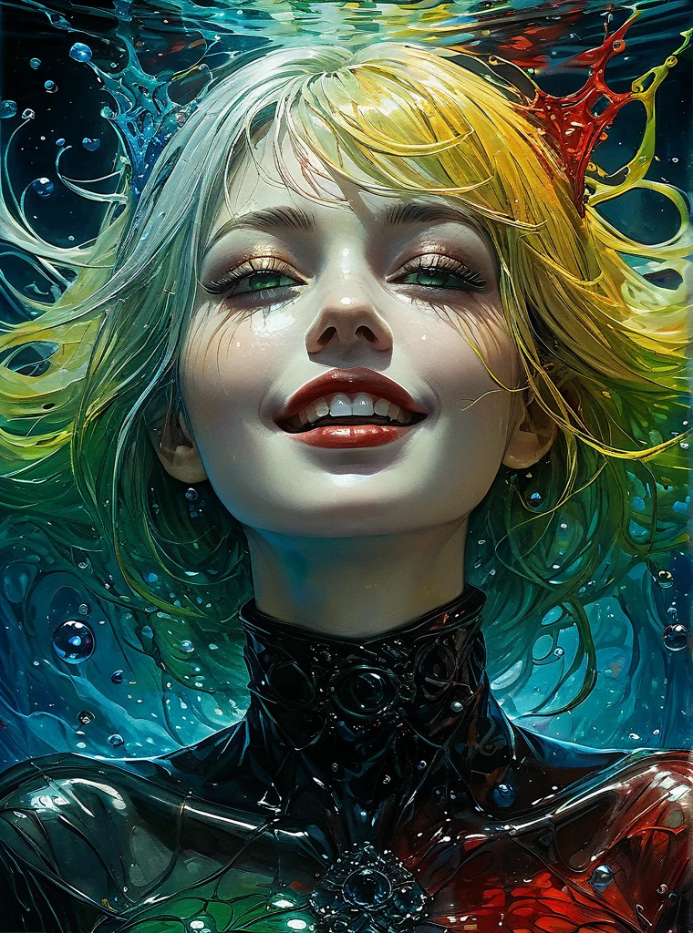 a Girl, laughing, Colorful colors, surrounded by water bubbles, in the style of Kawacy, Masterpiece, Oil painting drawn in anime style, head close - up, exaggerated perspective, Tyndall effect, water drops, mother - of - pearl iridescence, Holographic white, chess queen outfit, anime girl, girl with a pretty face, white gold hair, green eyes, goth girl, ((y school uniform)), wearing a stylish very sex with a funny expression on her face, Hellwalker, incombing death, black bloody veins growing and intertwining out of the darkness, oozing thick yellow blood, veins growing and pumping blood, (chubby female body:0.8), vascular networks growing, connecting, explanding, red veins everywhere, zdzisl beksinski, (sharp colors:1.3), (rainbow skin:1.1), (Infrared:1.2), ultra detailed, intricate, ((dry brush, ultra sharp)), (surrealism:1.4), (disturbing:1.5), beksinski style painting, satanic symbols, (full torso), full body in frame, centered body, kawaii, realistic, ((intricate details)), (pale gothic evil queen), ibrant, action-packed, detailed character design, reminiscent of fighting video games, black bloody veins growing and intertwining out of the darkness, oozing thick neon rainbow blood, veins growing and pumping blood, vascular networks growing, connecting, explanding, red veins everywhere, zdzislaweksinski, (vibrant colors:1.1), dynamic pose, perfect face, (realistic eyes), perfect eyes, ((dark gothic background)), sharp focus