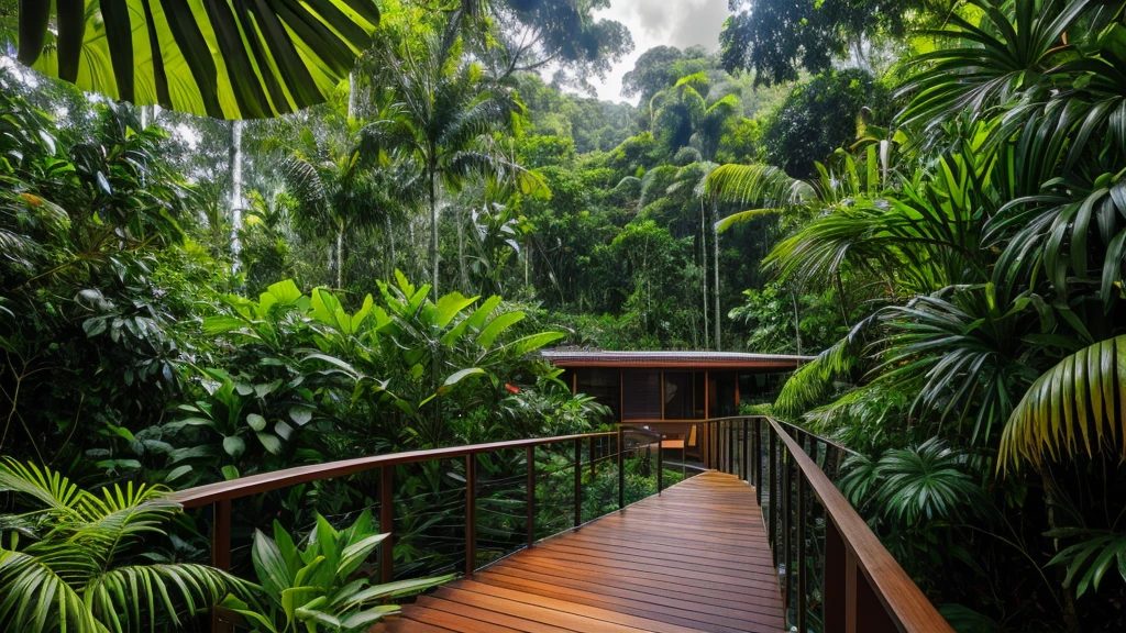 a lush tropical rainforest,a luxurious modern house in the middle of the amazon rainforest,wide panoramic views of the surrounding nature,incredibly detailed and realistic,amazonian architectural style,8k,photorealistic,physically-based rendering,hdr,studio lighting,extremely detailed,cinematic lighting,vibrant colors,organic textures,dense foliage,towering trees,winding rivers,dramatic skies,tropical birds