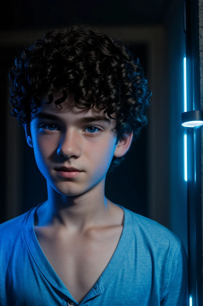 13 year old boy with pale skin, and dark curly hair with a blue glow around 