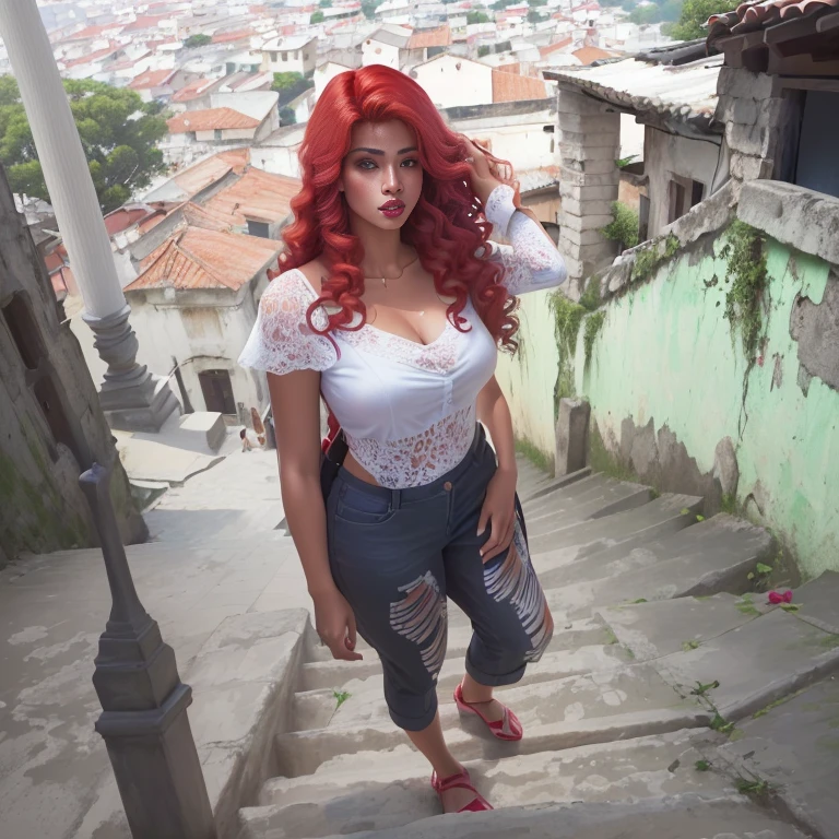 digital drawing, 8k, plucked woman with red hair and white shirt standing on the stairs, looks like fabiula natal, malika favre, Andreia Rocha, by Nándor Katona, 30 year old woman from Cuba, lola dupre, Marisha Becker, by Willian Murai, Rosalia Villa and Tobella