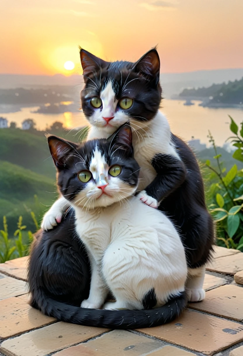 With the sunset in the background,(masterpiece:1.2, high quality), Two kittens huddled together、