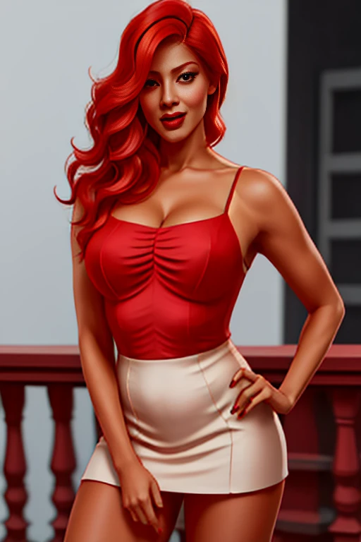 digital drawing, 8k, plucked woman with red hair and white shirt standing on the stairs, looks like fabiula natal, malika favre, Andreia Rocha, by Nándor Katona, 30 year old woman from Cuba, lola dupre, Marisha Becker, by Willian Murai, Rosalia Villa and Tobella