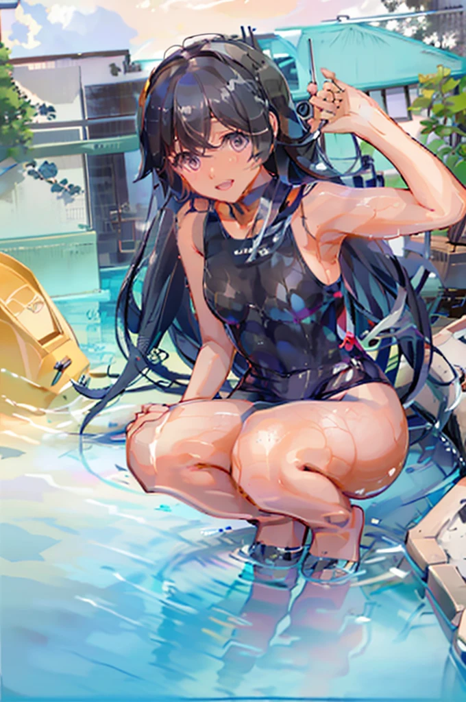 1girl, solo, anime style, high ultra quality, mizuno (brand), mizuno swimsuit, i-400 (kancolle), kantai collection, black hair, long hair, purple eyes, headgear, headband horn, collarbone, medium ??????, tan, dark skin, competition swimsuit, one pieces swimsuit, black one-piece swimsuit, highleg swimsuit, turtleneck, turtleneck leotard, closed mouth, smile, open mouth, upper teeth only, looking at viewer, competitive swimsuit, day, indoors, pool, poolside, pool ladder, wading, wading pool, wet, wet clothes, wet swimsuit,