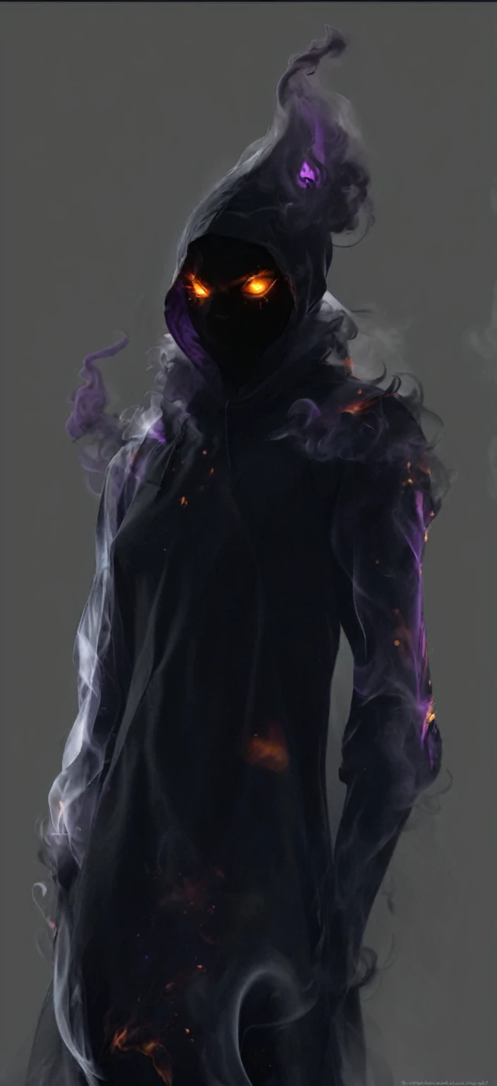 black character, made of smoke, black smoke, glowing eyes, violet backlight