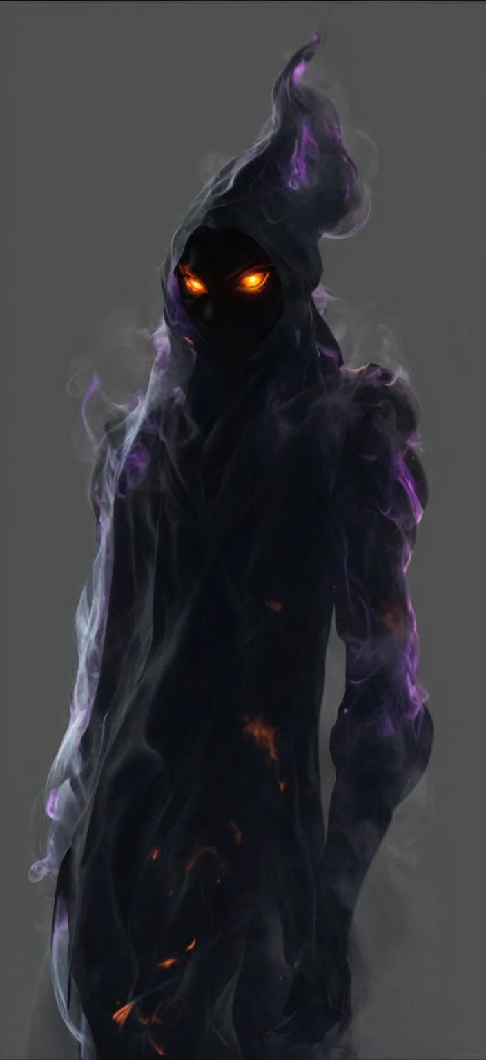 black character, made of smoke, black smoke, glowing eyes, violet backlight