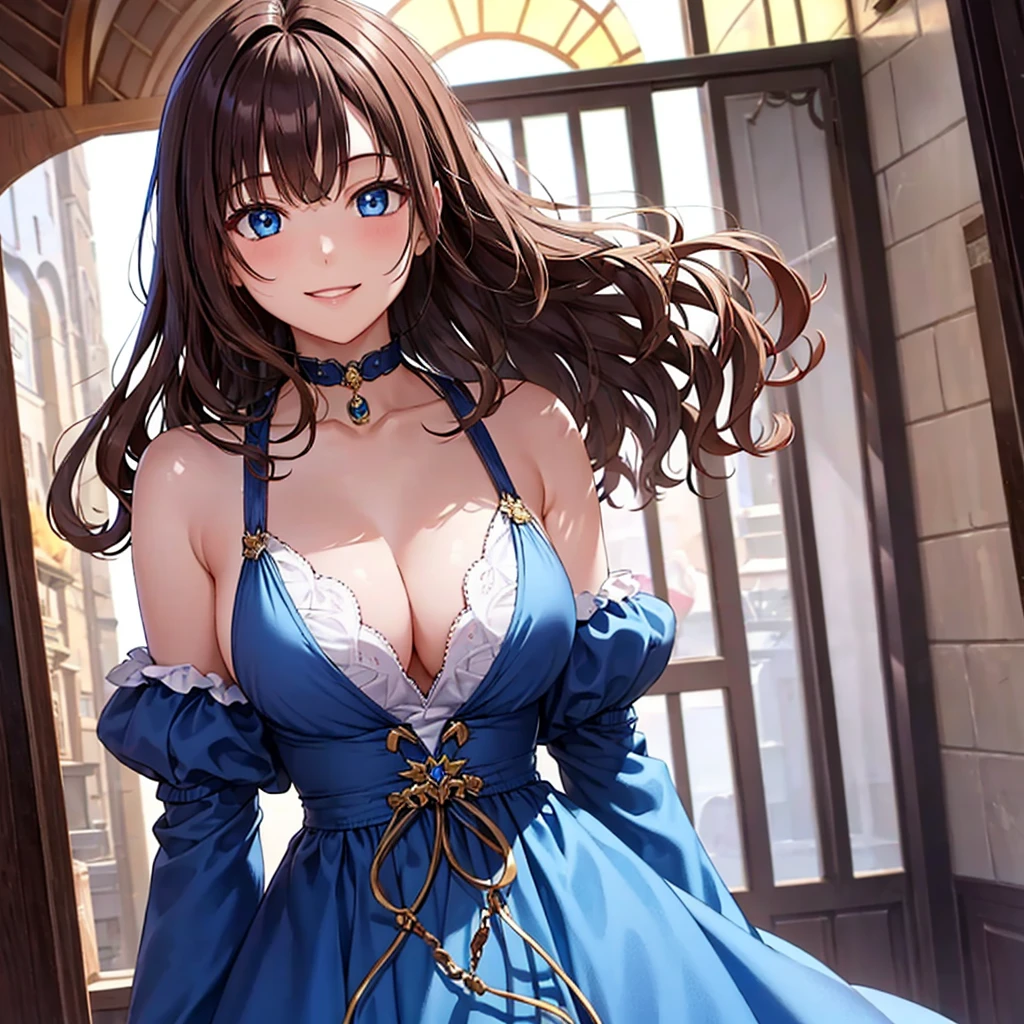 girl with wavy chestnut hair。blue eyes。A glamorous figure of a 15-year-old、Wearing a blue medieval dress。Bright smile。