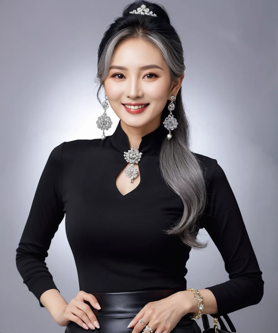 75 years old mom milf Korean, Lady large earring Big choker navel piercing decoration A bracelet Silver Hair realisitic Gorgeous Madame Beautiful Mature Woman sexly Smile Gentle woman navel piercing 4K High quality refrigerated case Merchandise Shed drink Heavy chest Gorgeous Madame Beautiful Mature Woman