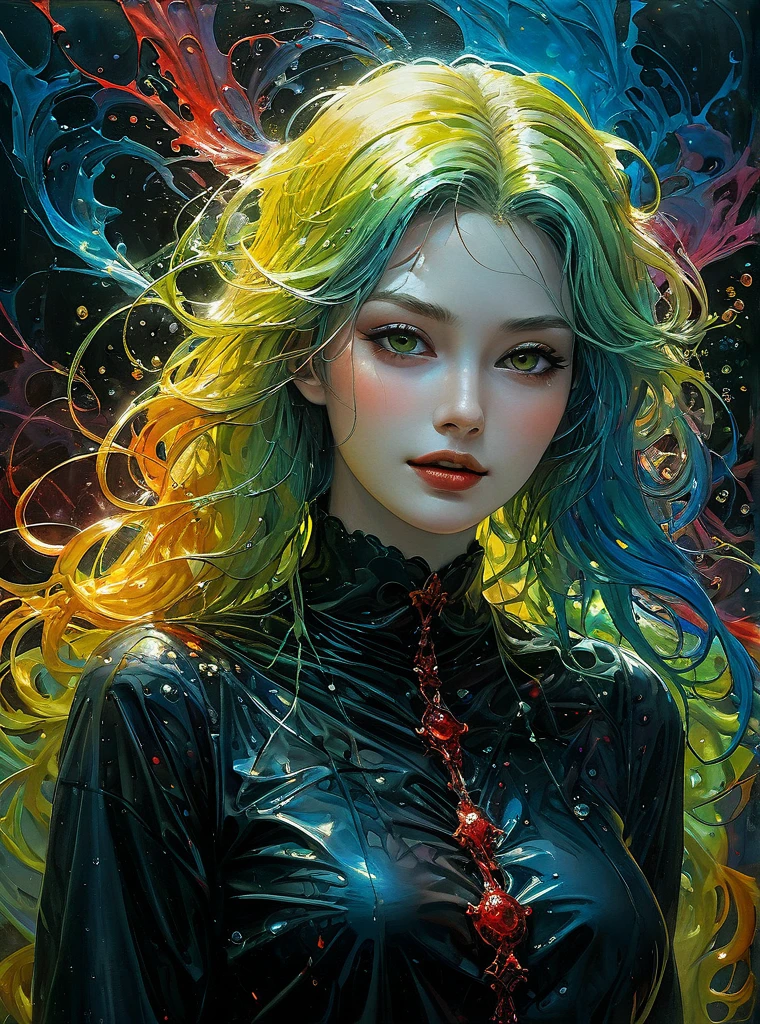 a Girl, laughing, Colorful colors, surrounded by water bubbles, in the style of Kawacy, Masterpiece, Oil painting drawn in anime style, head close - up, exaggerated perspective, Tyndall effect, water drops, mother - of - pearl iridescence, Holographic white, chess queen outfit, anime girl, girl with a pretty face, white gold hair, green eyes, goth girl, ((sexy school uniform)), wearing a stylish very sexy , with a funny expression on her face, Hellwalker, incombing death, black bloody veins growing and intertwining out of the darkness, oozing thick yellow blood, veins growing and pumping blood, (chubby female body:0.8), vascular networks growing, connecting, explanding, red veins everywhere, zdzislaw beksinski, (sharp colors:1.3), (rainbow skin:1.1), (Infrared:1.2), ultra detailed, intricate, ((dry brush, ultra sharp)), (surrealism:1.4), (disturbing:1.5), beksinski style painting, satanic symbols, (full torso), full body in frame, centered body, kawaii, realistic, ((intricate details)), (pale gothic evil queen), ibrant, action-packed, detailed character design, reminiscent of fighting video games, black bloody veins growing and intertwining out of the darkness, oozing thick neon rainbow blood, veins growing and pumping blood, vascular networks growing, connecting, explanding, red veins everywhere, zdzislaw beksinski, (vibrant colors:1.1), dynamic pose, perfect face, (realistic eyes), perfect eyes, ((dark gothic background)), sharp focus