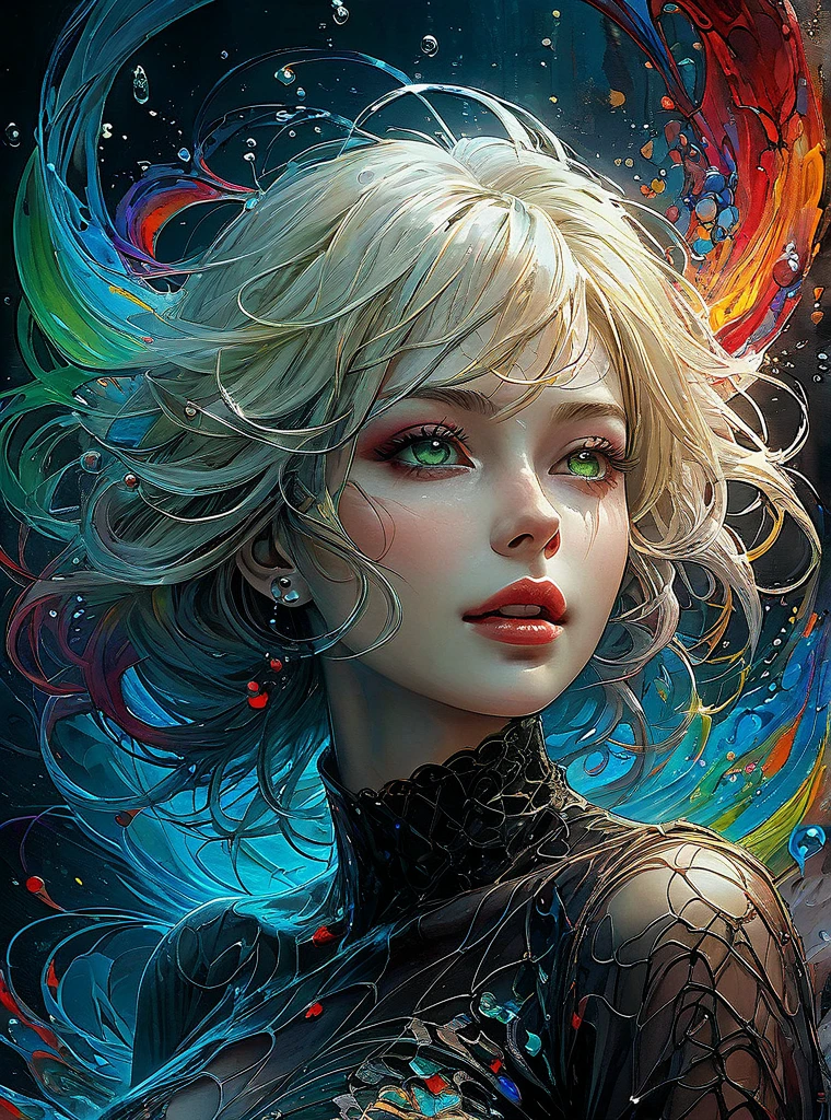 a Girl, laughing, Colorful colors, surrounded by water bubbles, in the style of Kawacy, Masterpiece, Oil painting drawn in anime style, head close - up, exaggerated perspective, Tyndall effect, water drops, mother - of - pearl iridescence, Holographic white, chess queen outfit, anime girl, girl with a pretty face, white gold hair, green eyes, goth girl, ((sexy school uniform)), wearing a stylish very sexy , with a funny expression on her face, Hellwalker, incombing death, black bloody veins growing and intertwining out of the darkness, oozing thick yellow blood, veins growing and pumping blood, (chubby female body:0.8), vascular networks growing, connecting, explanding, red veins everywhere, zdzislaw beksinski, (sharp colors:1.3), (rainbow skin:1.1), (Infrared:1.2), ultra detailed, intricate, ((dry brush, ultra sharp)), (surrealism:1.4), (disturbing:1.5), beksinski style painting, satanic symbols, (full torso), full body in frame, centered body, kawaii, realistic, ((intricate details)), (pale gothic evil queen), ibrant, action-packed, detailed character design, reminiscent of fighting video games, black bloody veins growing and intertwining out of the darkness, oozing thick neon rainbow blood, veins growing and pumping blood, vascular networks growing, connecting, explanding, red veins everywhere, zdzislaw beksinski, (vibrant colors:1.1), dynamic pose, perfect face, (realistic eyes), perfect eyes, ((dark gothic background)), sharp focus