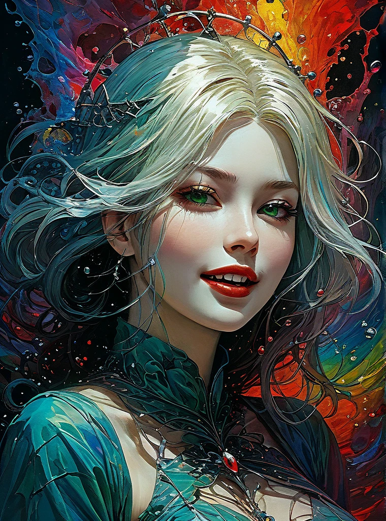 a Girl, laughing, Colorful colors, surrounded by water bubbles, in the style of Kawacy, Masterpiece, Oil painting drawn in anime style, head close - up, exaggerated perspective, Tyndall effect, water drops, mother - of - pearl iridescence, Holographic white, chess queen outfit, anime girl, girl with a pretty face, white gold hair, green eyes, goth girl, ((sexy school uniform)), wearing a stylish very sexy , with a funny expression on her face, Hellwalker, incombing death, black bloody veins growing and intertwining out of the darkness, oozing thick yellow blood, veins growing and pumping blood, (chubby female body:0.8), vascular networks growing, connecting, explanding, red veins everywhere, zdzislaw beksinski, (sharp colors:1.3), (rainbow skin:1.1), (Infrared:1.2), ultra detailed, intricate, ((dry brush, ultra sharp)), (surrealism:1.4), (disturbing:1.5), beksinski style painting, satanic symbols, (full torso), full body in frame, centered body, kawaii, realistic, ((intricate details)), (pale gothic evil queen), ibrant, action-packed, detailed character design, reminiscent of fighting video games, black bloody veins growing and intertwining out of the darkness, oozing thick neon rainbow blood, veins growing and pumping blood, vascular networks growing, connecting, explanding, red veins everywhere, zdzislaw beksinski, (vibrant colors:1.1), dynamic pose, perfect face, (realistic eyes), perfect eyes, ((dark gothic background)), sharp focus