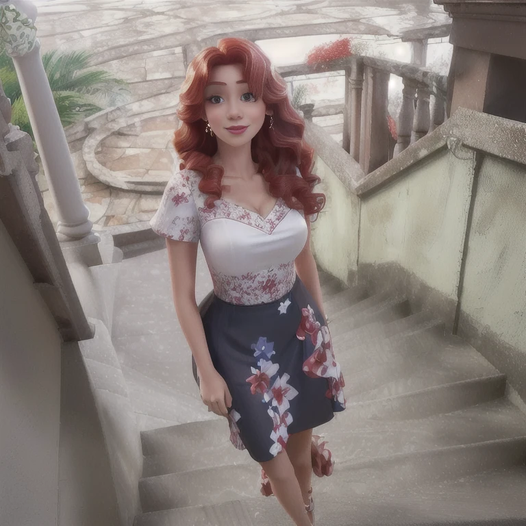 digital drawing, 8k, plucked woman with red hair and white shirt standing on the stairs, looks like fabiula natal, malika favre, Andreia Rocha, by Nándor Katona, 30 year old woman from Cuba, lola dupre, Marisha Becker, by Willian Murai, Rosalia Villa and Tobella